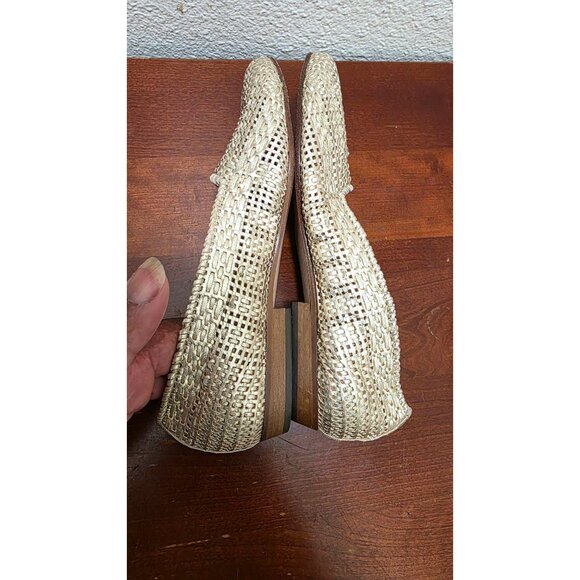 Vintage Sesto Meucci Women's Gold Woven Leather Loafers Low Wooden Heel Sie 6 - Picture 5 of 8